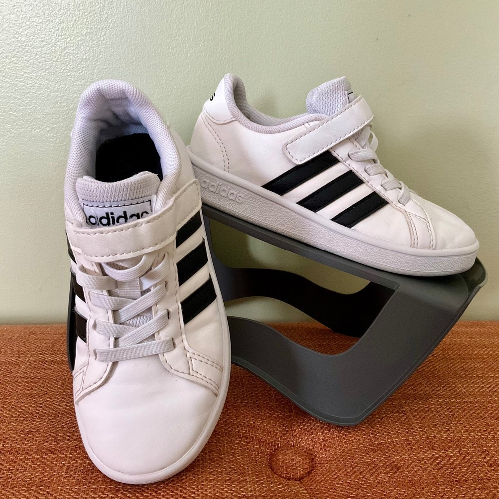 Adidas Grand Court Kids Sneakers White Black Hook and Loop Strap‎ Classic Sports